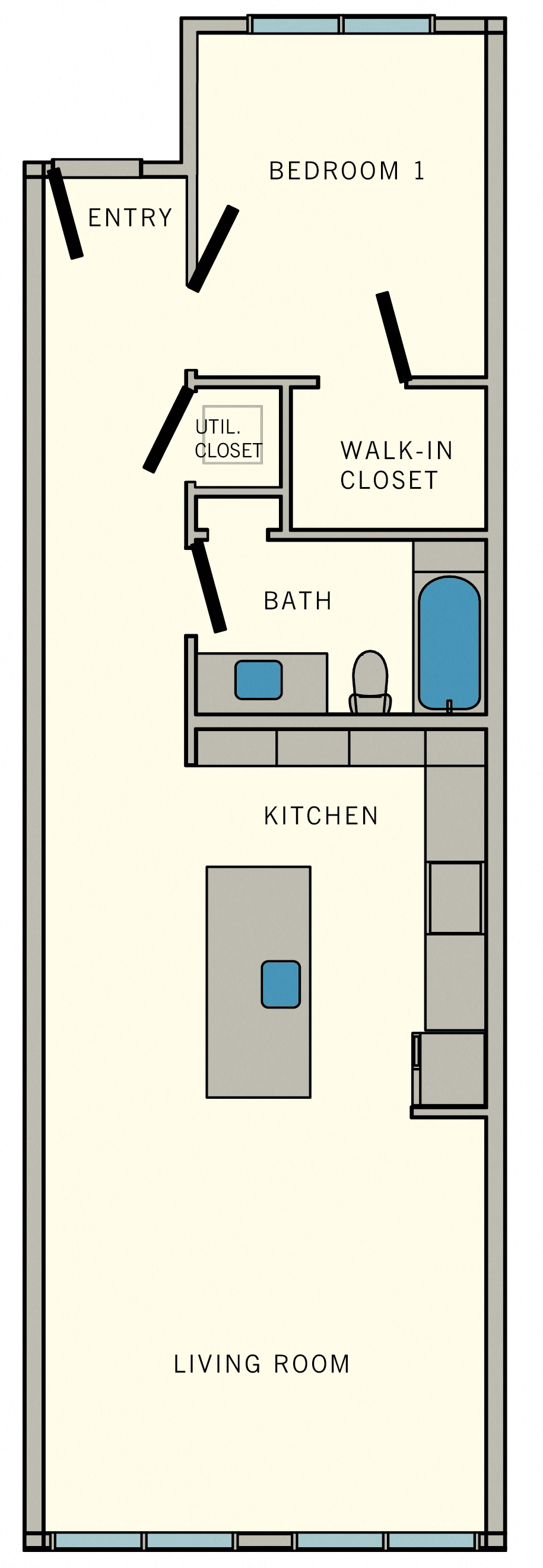 Floor plan for 1 bed, 1 bath, 831 sqft